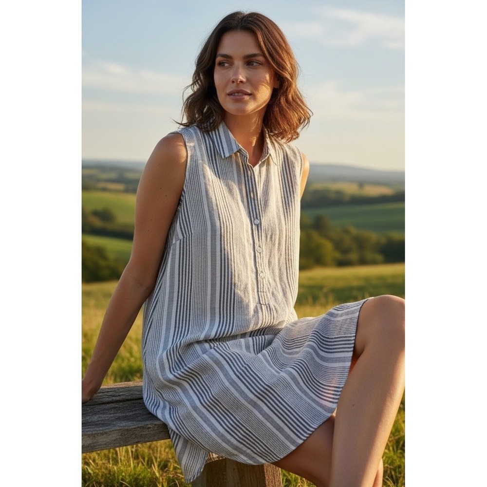 NEW Tahari 100% Linen Black/White Striped Shift Coastal Midi Dress Women 2X